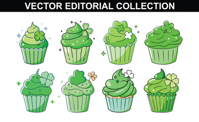 St. Patrick's Day Green Cupcakes Vector Collection, A set of nine vector illustrations featuring green cupcakes decorated with clovers, flowers, and sparkles, perfect for festive and holiday-themed de