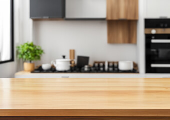 wooden top tbale with burry background kitchen set space