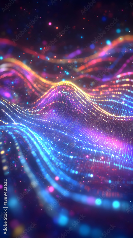 Poster abstract 3d rendering of vibrant, glowing particle waves forming a dynamic, colorful landscape, perf