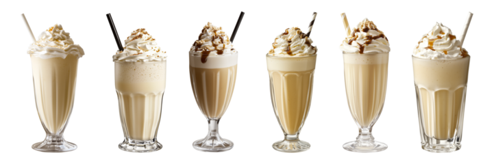 Assorted vanilla milkshakes with whipped cream and syrup in a glass isolated on a transparent or white background, cut out, bundle, PNG