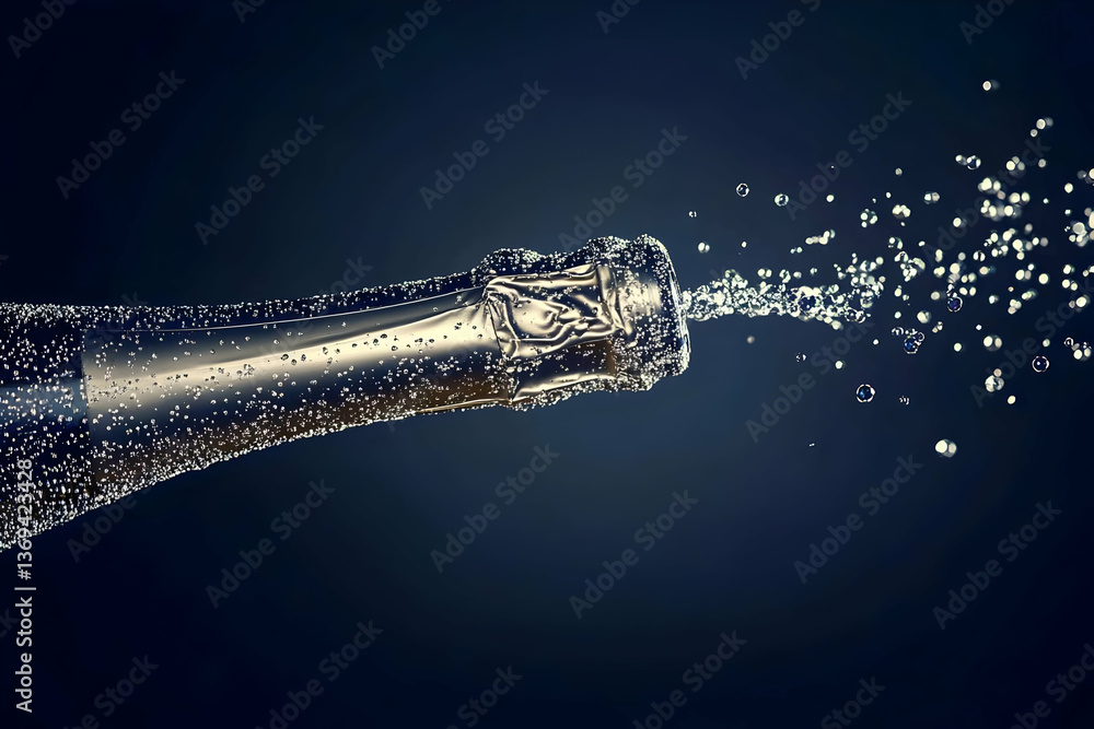 Poster 3d sparkling champagne bottle neck detail: effervescent liquid explodes from a bottle, creating a dy