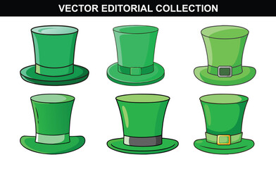 Green Top Hats with Belts Vector Collection, A set of six vector illustrations featuring green top hats with various belt designs, ideal for St. Patrick's Day and festive events.
