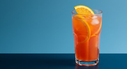 Obraz premium Refreshing orange iced drink bright blue background. AI Generated