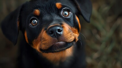 Fototapeta premium Adorable Rottweiler puppy looking up, outdoors