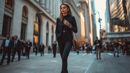 Fototapeta premium A woman in a business suit walks down a city street with a briefcase in hand