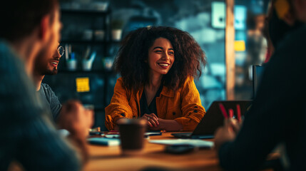 Fototapeta premium A group of people are sitting around a table, smiling and laughing