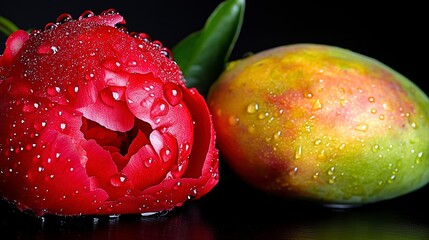 Red Peony and Ripe Mango with Water Droplets - Still Life Photography