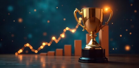 Shining trophy, soaring sales chart, symbolic of success , accomplishment, winning, gain