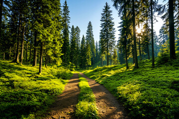 Obraz premium Sunlit Forest Trail in Lush Green Woodland