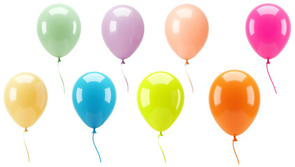 Assorted colorful balloons floating against a white plain backdrop transparent background