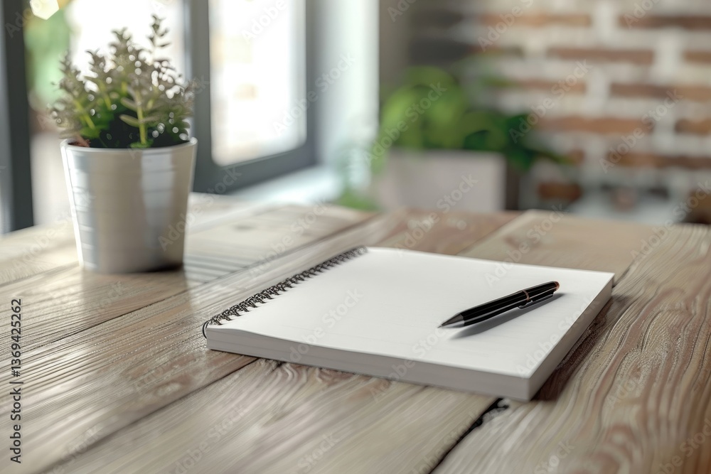 Poster high quality visual of white office desk table with a notebook and pen on it