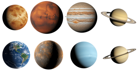 Eight planets are displayed in two rows against a white setting transparent background