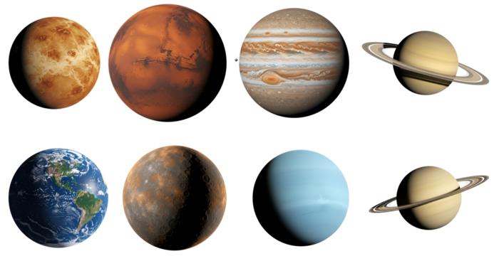 Eight planets are displayed in two rows against a white setting transparent background