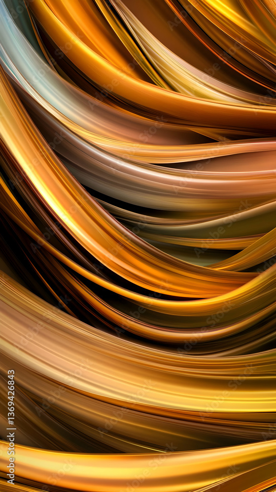 Poster abstract 3d render of intertwined golden and brown curving stripes, creating a luxurious and dynamic