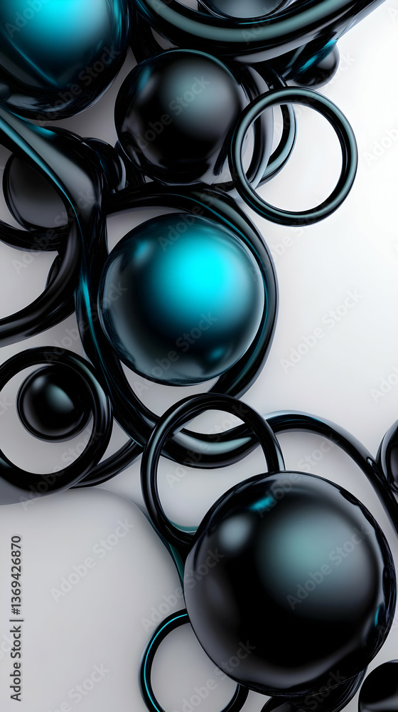 Poster abstract 3d render: intertwined black and teal spheres with glossy surfaces and circular elements cr