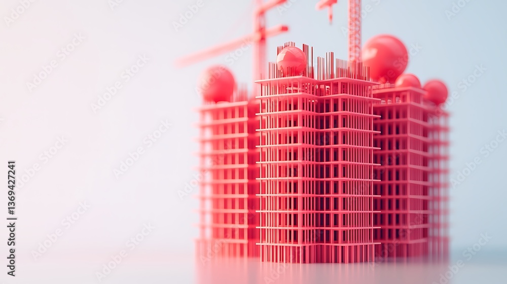 Aufkleber a modern construction site featuring abstract red buildings with cranes and spherical design element