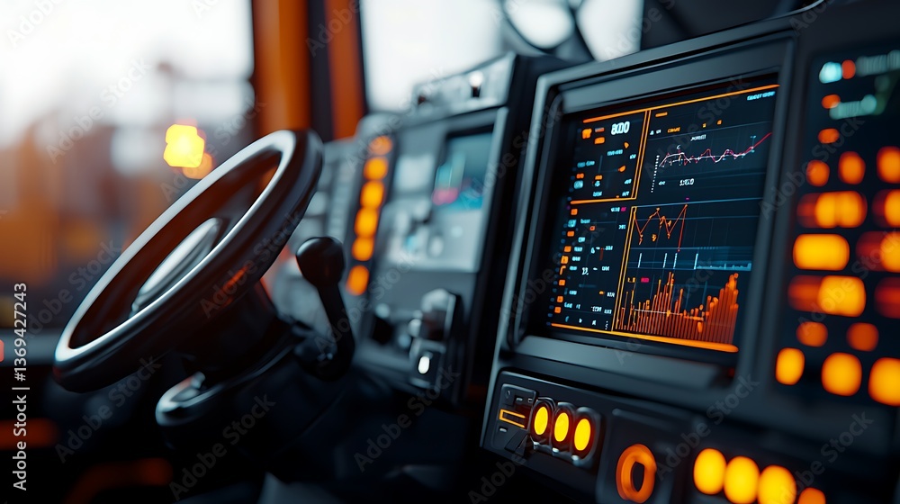 Poster a close-up view of a high-tech vehicle dashboard featuring gauges, screens, and controls illuminated