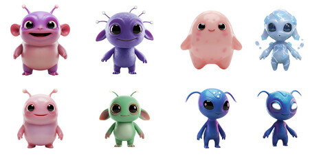 Obraz premium Collection of eight colorful animated alien characters on display transparent background
