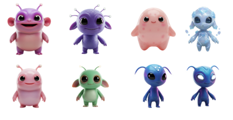 Collection of eight colorful animated alien characters on display transparent background