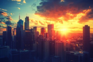 Fototapeta premium A city skyline during a vibrant sunset with a mix of contemporary and futuristic architectural styles