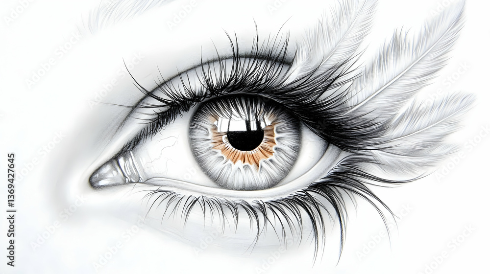 Aufkleber Close-up illustration of a stylized eye adorned with delicate feathers, rendered in grayscale with hints of warm brown in the iris, creating a surreal and elegant visual.