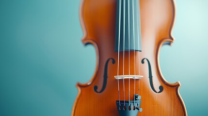 A close-up view of a beautifully crafted wooden violin, highlighting its intricate details and smooth finish against a soft blue background.