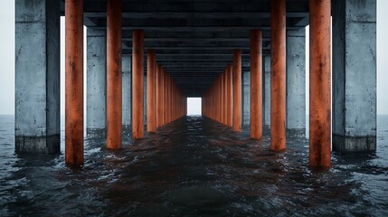 A serene view of a pier supported by orange pillars, stretching over calm water, creating a striking perspective toward light.