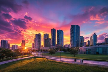 A city skyline during a vibrant sunset with a mix of contemporary and futuristic architectural styles