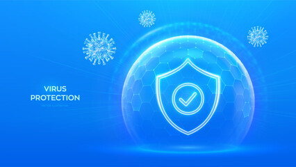 Virus protection. Healthcare. Vaccination. Virus cell. Antibiotic. Protection shield with Check mark icon inside transparent sphere shield with hexagon pattern on blue background. Vector illustration.