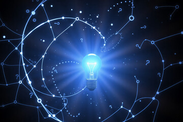 Fototapeta premium Illuminated bulb at center radiates blue light against dark. Connected nodes and question marks surround it, suggesting ideas and innovation.