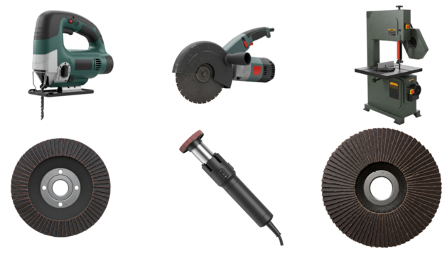 Assortment of tools including saws grinders and sanding attachments transparent background