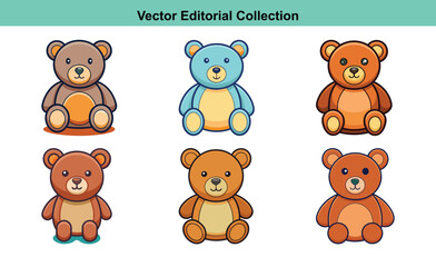 Vector Cute Teddy Bear Icons Collection, A set of adorable vector icons featuring colorful teddy bears in different poses, perfect for children’s designs and toys.
