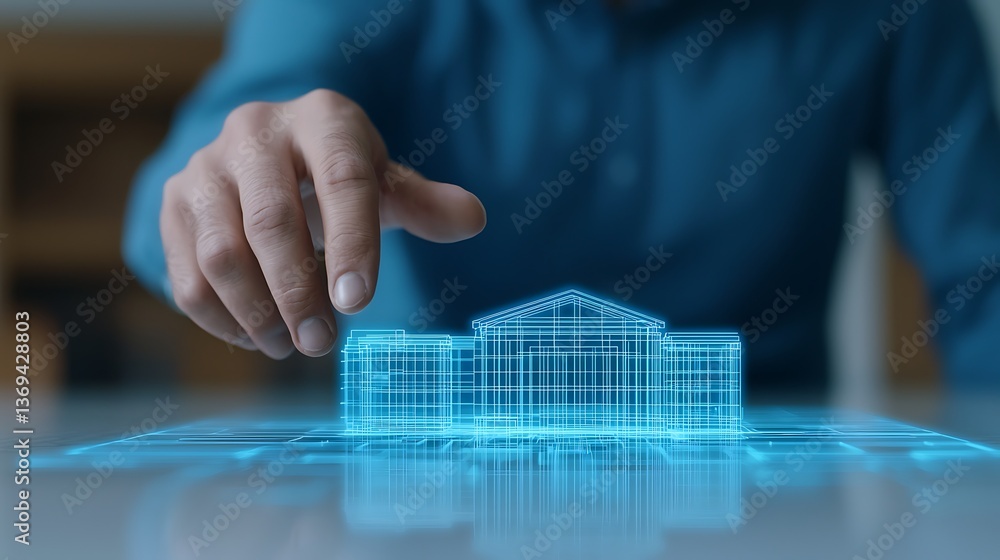 Poster a hand interacts with a holographic blueprint of a building, showcasing advanced technology in archi