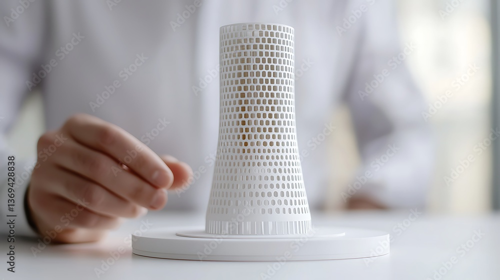 Poster a modern, white tower-like object sits on a circular base as a person reaches towards it, suggesting