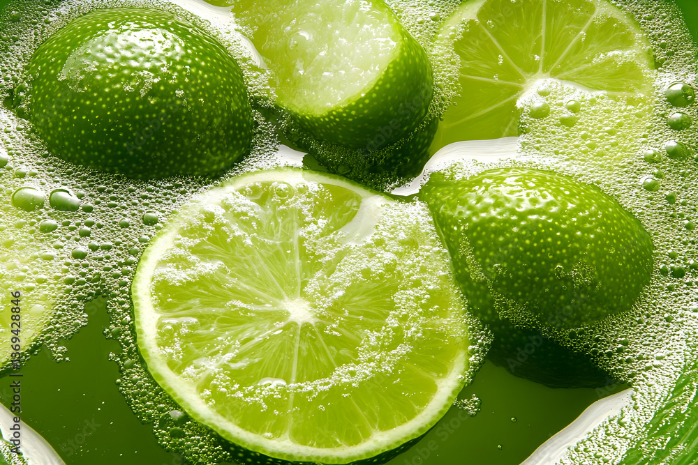 Aufkleber close-up of limes submerged in sparkling liquid, creating a vibrant green abstract background
