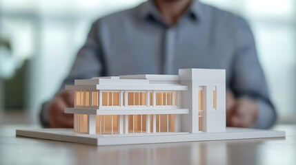 A detailed architectural model of a modern building is showcased on a table, with a person in the background engaging with it.