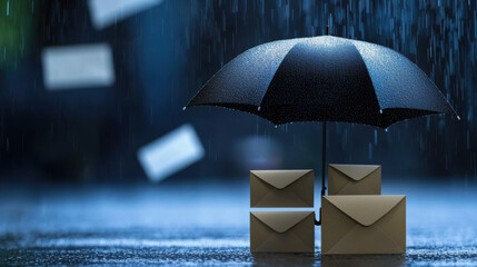 Envelopes under black umbrella in rain, symbolizing protection and security