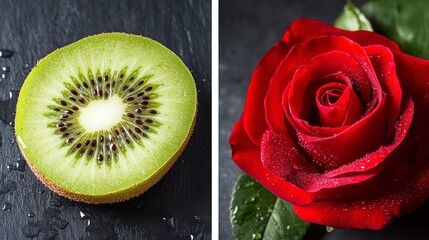 Kiwi Slice and Red Rose A Fresh and Romantic Contrast