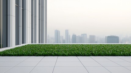 Fototapeta premium A modern rooftop garden with lush greenery contrasting against a city skyline, showcasing urban nature integration and minimalistic design.