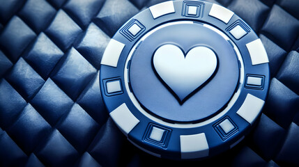 3D Render of Blue Casino Chip with Heart Symbol on Dark Textured Background