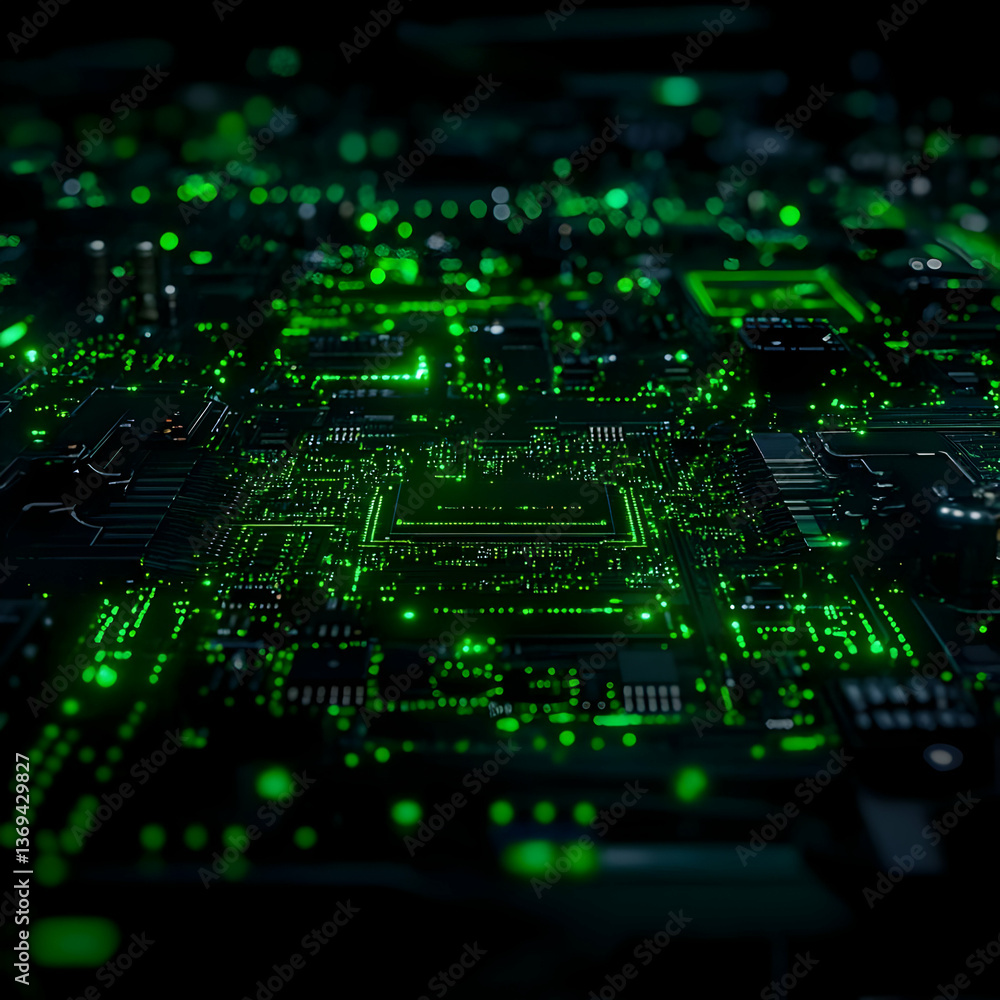 Poster 3d render of illuminated circuit board, green glowing microchip, abstract technology background with