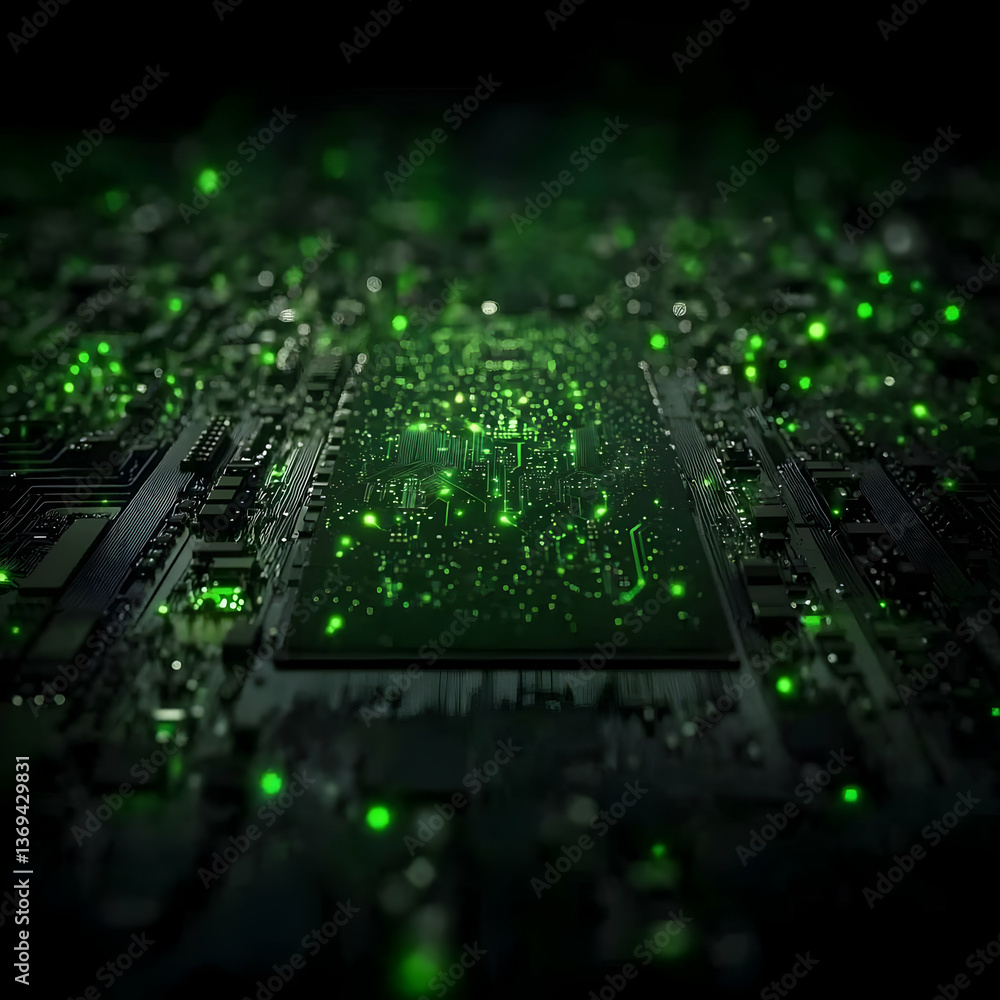 Poster glowing circuit board: a 3d render of a futuristic technological abstract background with green ligh
