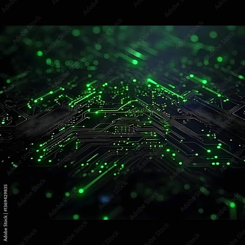 Poster abstract 3d render of illuminated circuit board, glowing green traces and nodes, futuristic technolo