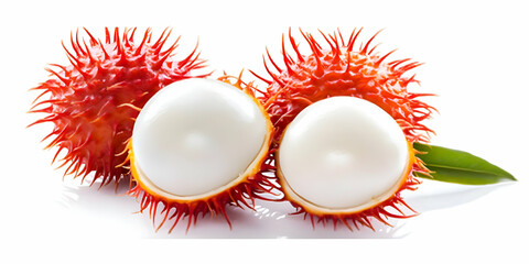 Close-up of Two Halved Rambutans with White Flesh, Isolated on White Background, Showing Texture and Detail