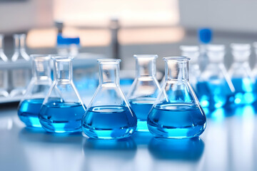 Close-up of Erlenmeyer Flasks Filled with Bright Blue Liquid in a Laboratory Setting