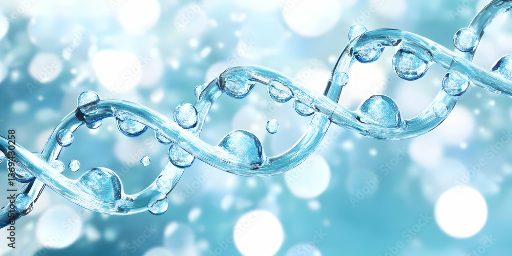 Aufkleber 3d render of a dna helix composed of flowing water with bubbles against a soft blue background