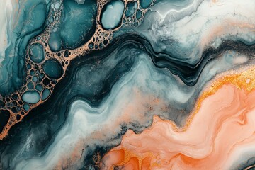 Obraz premium Fluid abstract art piece featuring blended turquoise and peach hues