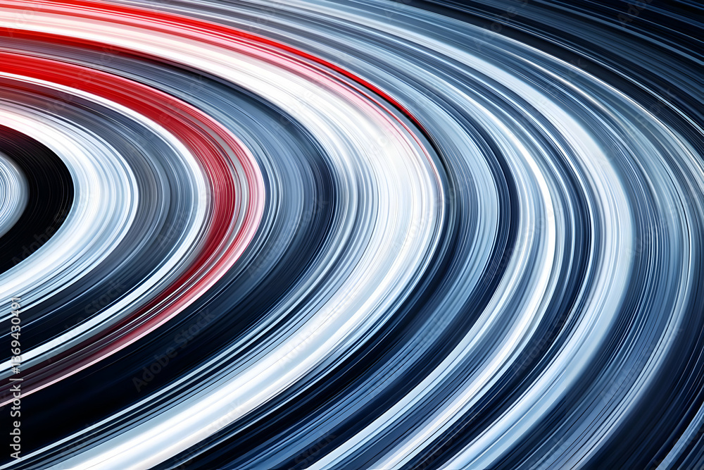 Poster abstract swirling lines background: dynamic concentric curves in blue, white, and red hues create a 