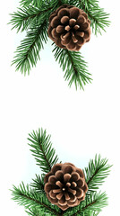 3D Render of Pine Cones and Branches on White Background, Winter Holiday Festive Illustration