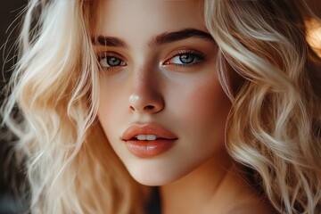 Fototapeta premium A close-up beauty shot of a blonde model with bouncy waves and a fresh balayage, flawless skin, warm golden lighting, professional makeup.